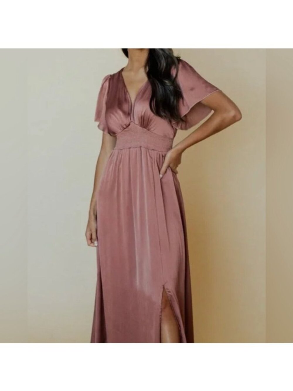 Baltic Born Prague Satin Maxi Dress in a rosy brown color smocked waist